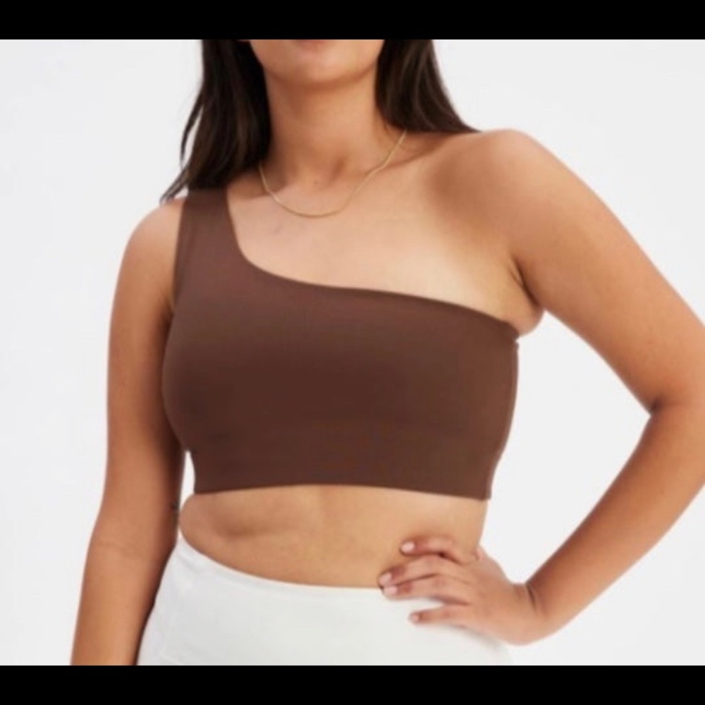 Girlfriend collective Bianca one shoulder bra Earth small